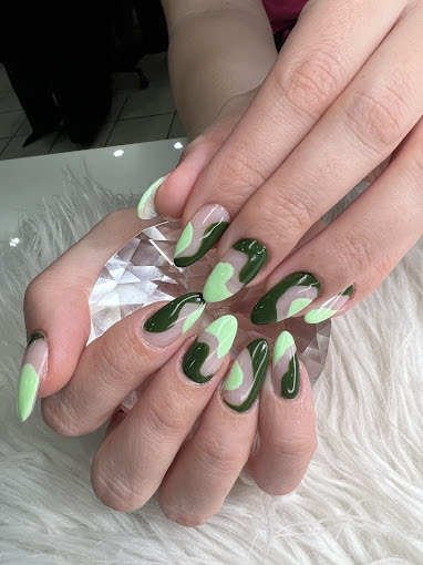 Lime and dark-green swirl almond nails